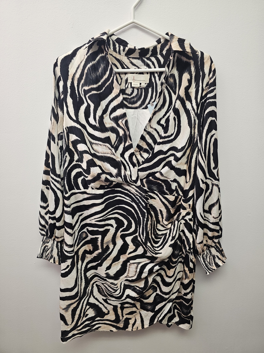 Anthropologie Black, Cream & Tan Zebra-Print Shirt Dress